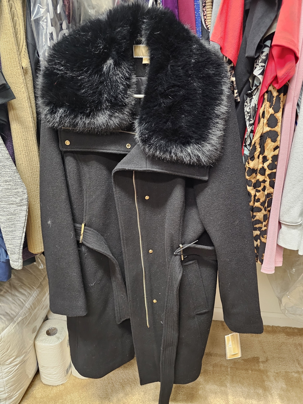 Michael Kors Black Wool Pea Coat with Faux Fur Collar